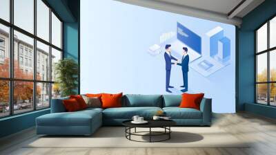 Two Businessmen Shaking Hands in Front of a Laptop and Data Visualization Wall mural