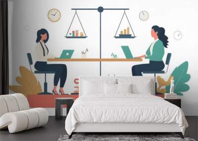 Two Businesswomen Working at Desk with Scale Above Them Wall mural