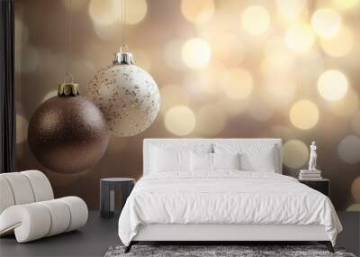 Two Glittery Christmas Ornaments Hanging Against a Blurred Bokeh Background Wall mural