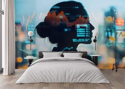 Woman Silhouetted Against Cityscape and Data Visualizations Wall mural