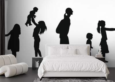 A mother and child holding hands walking together silhouette black filled vector Illustration icon. Set of Mother's and Child silhouette. Family parent and childs silhouettes set. children silhouette Wall mural