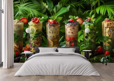 refreshing cool different exotic drinks bubble tea in a row Wall mural