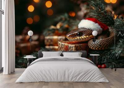 snake in Santa Claus hat curled up on gifts on fir tree branches. Wall mural