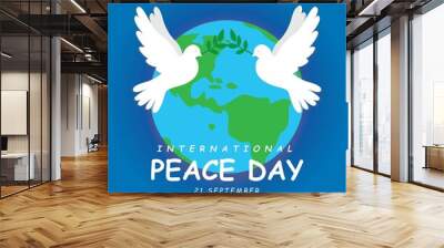 International Peace Day, White Dove Birds with Leaf on the Blue Background Wall mural