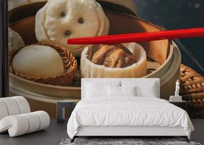 Chinese steamed pork shumai, steamed pork bun, sweet bun and dampling in bamboo steamer Wall mural