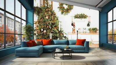 Christmas, holidays and eating concept - table served for festive dinner at home Wall mural