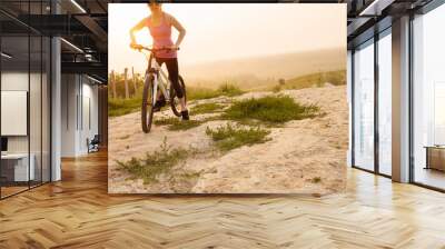 Girl on mountain bike rides on the trail on a beautiful sunrise. Wall mural