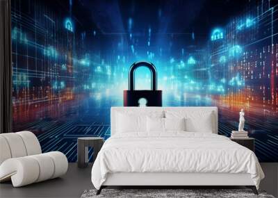 Cybersecurity Digital Fortress A mesmerizing digital landscape of glowing binary code and secure locks, symbolizing the unwavering protection of data and privacy. Wall mural