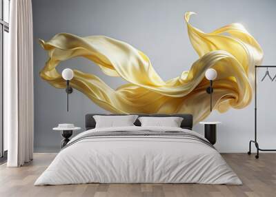 Abstract light yellow silk texture flowing on grey  background 3d. Flying Silk fabric wave gradient template Wall mural