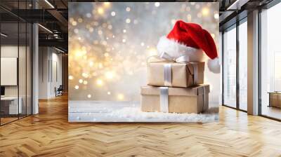 Blank gift boxes with Santa Claus hat on top  on sparkles Christmas lights bokeh background. Xmas delivery service, holiday, promotion, sale concept. Copy space. Banner Wall mural