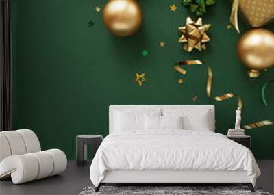 christmas or new year frame decorations in gold colors on dark green color background with empty copy space for text. holiday and celebration concept for postcard or invitation. top view  Wall mural