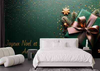 Joyeux Noel et Bonne Annee, Christmas greeting card french, xmas gift box top view on green background  banner.Copy space Wall mural