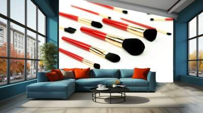 makeup brushes pattern set in red color on white background. top view Wall mural