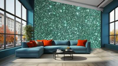 neo mint color sparkle glitter festive background,  texture. Xmas abstract backgrop with copy space. Wall mural