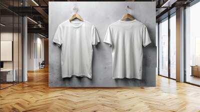 White t-shirt mockup front and back view isolated on grey textured wall background. Cloth mock up template for design. Wall mural