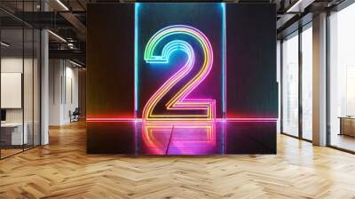 3d rendering neon number two glowing colorful line inside the glass symbol 2 shape top chart Wall mural