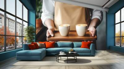 Barista wearing a apron is serving two hot coffees on wooden tray Wall mural