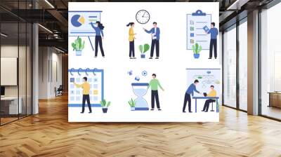 Collection of office work concepts. Task scheduling and performance analysis. Successful time management multitasking. Compliance with rules and regulations. Flat vector illustration Wall mural