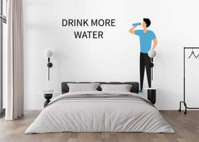 Drink more water. Fitness and healthy man drinks from a sports bottle after a workout. World Water Day. Web banner illustration. Flat vector illustration isolated on white background. Wall mural