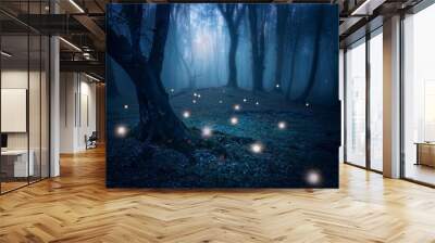 gloomy fantasy forest scene at night with glowing lights Wall mural