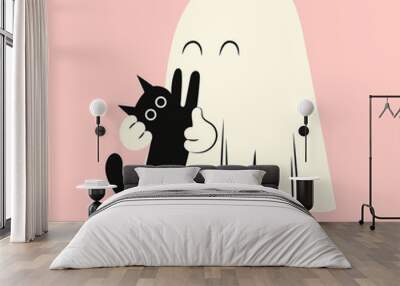 Halloween ghost with a black cat. Kawaii phantom in white clothes. Kawaii monster mystical drawing concept. Flat vector illustration isolated with pumpkins and holiday elements. Wall mural