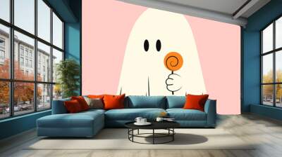 Halloween ghost with candy on a stick. Kawaii phantom in white clothes. Kawaii monster mystical drawing concept. Flat vector illustration isolated with pumpkins and holiday elements. Wall mural