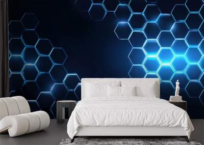 hexagonal background bright blue neon flashes under the hexagon in the lighting technique dark honeycomb texture Wall mural