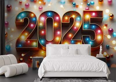 2025 glowing numbers with colorful string lights and festive decorations on a blurred background. New Year celebration concept for design and print Wall mural