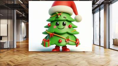 3D render of cute Christmas tree character wearing Santa hat, holding a gift box isolated on white background. Festive holiday mascot design concept for Christmas Wall mural