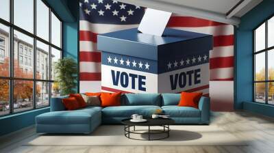 Ballot box with American flag design in front of a U.S. flag. Voting and elections concept for United States political campaigns Wall mural