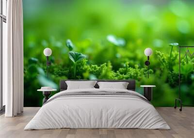 Close-up of micro green sprouts growing in moss with soft focus and blurred background Wall mural