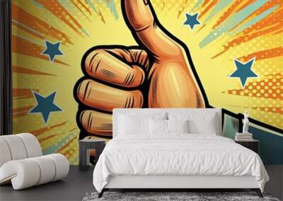 Thumbs up hand gesture in retro comic book style with colorful burst and stars. Pop art illustration. Design for posters, banners, and greeting cards Wall mural