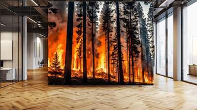 Wildfire burning through dense forest, engulfing trees in flames and smoke. Environmental disaster and climate change concept Wall mural