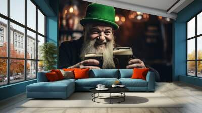 Old man with a green hat, celebrating with two pints St. Patrick's Day in a pub Wall mural