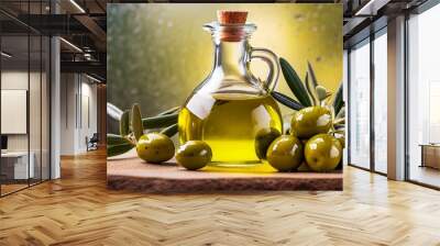 olive oil set glass bottle of olive oil with olives a drop of olive oil close up on a background ki Wall mural