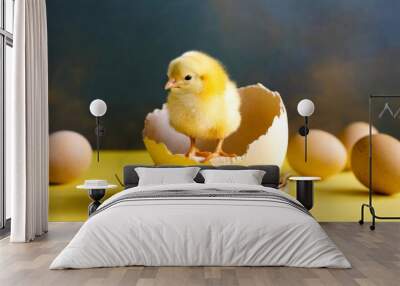 small yellow chicken in a shell on a yellow background postcard with copy space easter concept Wall mural