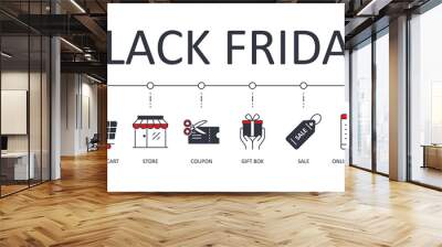 Vector banner Black Friday. Holiday sale icons with editable strokes. Black and red. Gift box sale online shopping payment. Shopping cart calendar store coupon Wall mural