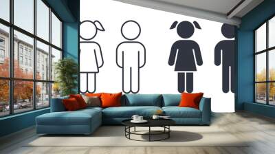 Vector boy and girl icons. Editable stroke. Set of line silhouette icons of children. Kids signs toilet changing room bathroom. Isolated elements on white background Wall mural