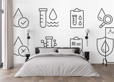 Vector icons water quality. Liquid quality control, positive and negative results. Lab tests, liquid in test tube, water protection and purification. Editable stroke thin line set Wall mural