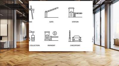 Vector set of toll road icons. Editable Stroke. Highway icon includes station gate traffic light. Electronic toll collection, gps payment checkpoint for web design and applications Wall mural