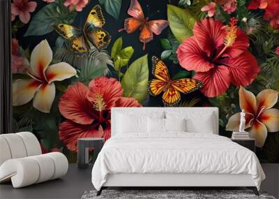 vintage floral print with hibiscus and butterflies dark tropical background premium wallpaper hand drawn 3d illustration luxury pattern for postcard packaging clothing Wall mural