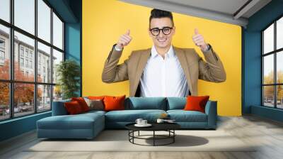 Young business man over isolated yellow background smiling and doing the ok signal with his thumbs Wall mural