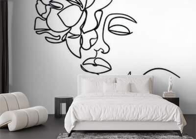 Beauty face with flower rose line drawing art. Abstract minimal portrait continuous line. - Vector illustration Wall mural