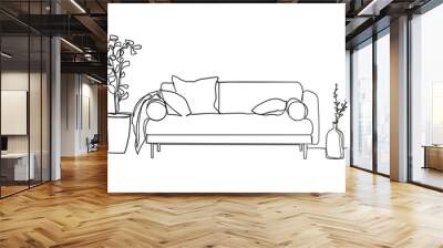 Continuous one line drawing of sofa and with potted plants. Scandinavian stylish furniture in simple linear style. Vector illustration Wall mural