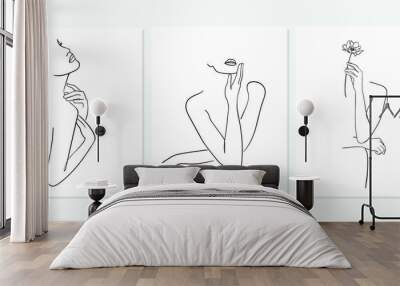 Set of Minimal line art woman with hand on face. Black Lines Drawing. - Vector illustration Wall mural