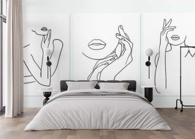 Set of Minimal line art woman with hand on face. Black Lines Drawing. - Vector illustration Wall mural