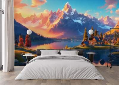 A whimsical world of cartoon mountains and a serene lake in this vibrant landscape. Watch as the sun sets behind the towering peaks, casting a warm glow over the peaceful village below. Wall mural