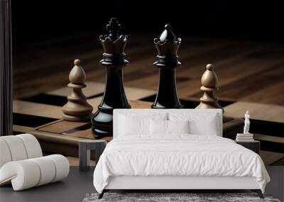 Black glass chess pieces, including a king and pawn, rest on a wooden board. The dark background and sharp contrasts create a striking visual. Wall mural