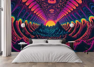 Colorful, swirling psychedelic tunnel with bold abstract patterns and vivid hues of orange, pink, blue, and purple in a fluid design. Wall mural