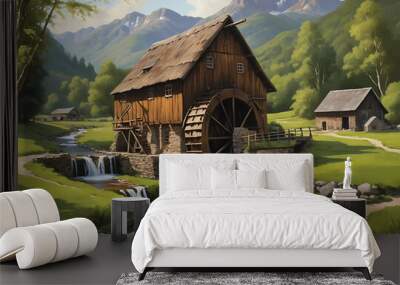 Warm-Hued Oil Painting of Wooden Watermill by Creek with Mountains and Lush Woods Wall mural